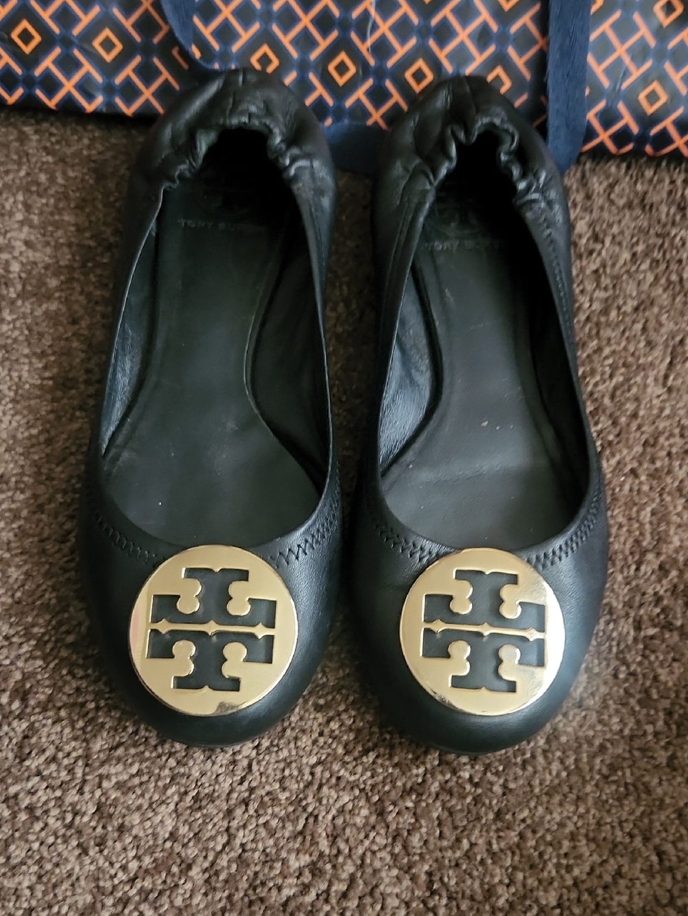 Tory Burch Black Leather Ballet Flats with Gold Logo Medallion